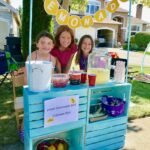 A colorful homemade lemonade stand made from painted wooden crates. A yellow lemonade banner hangs above a family enjoying the sunny day.