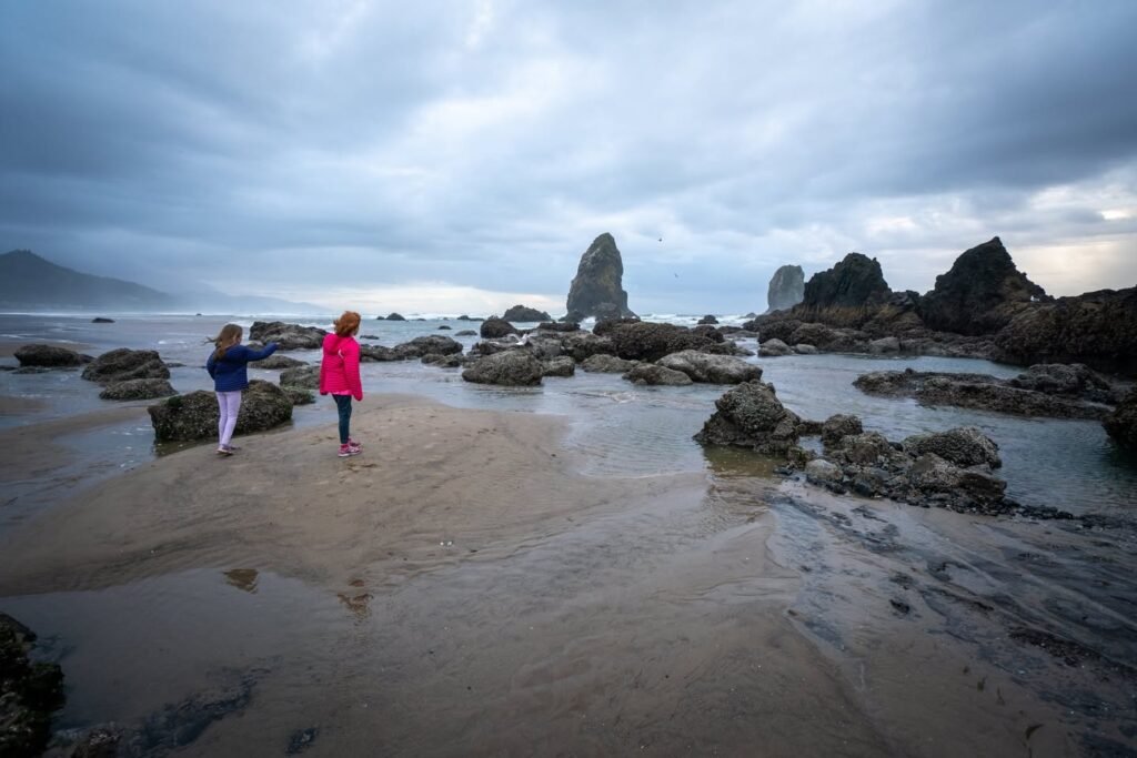 Two people walking along a wet shoreline with dramatic sea stacks visible in the distance under a cloudy sky.