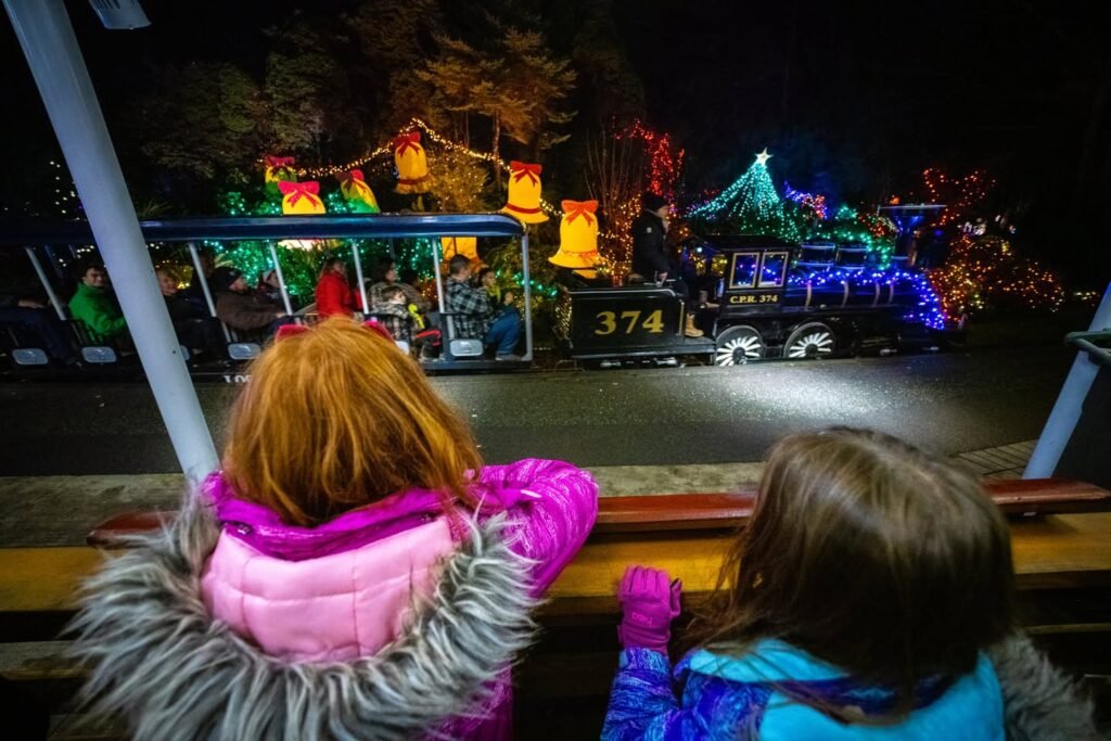 Two people view decorated parade floats with holiday lights at night from a balcony railing. Colorful Christmas lights adorn the vehicles in the dark.