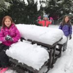Enjoying a snowy day at the playground with snow-covered benches and trees.
