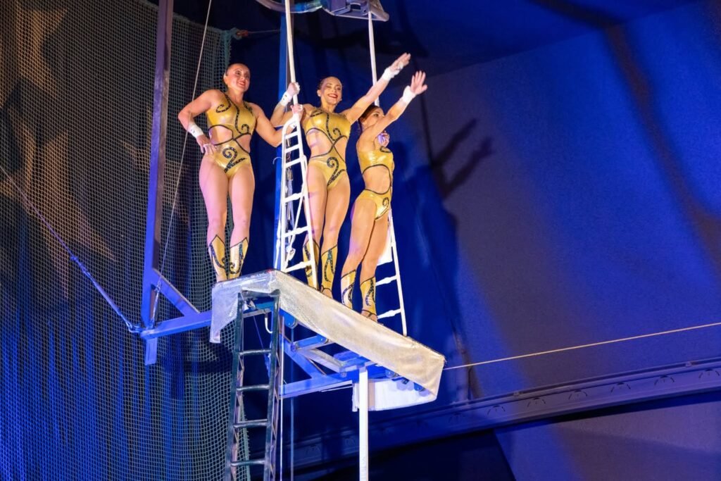 Performer in a yellow costume stands on a high platform on a ladder.
