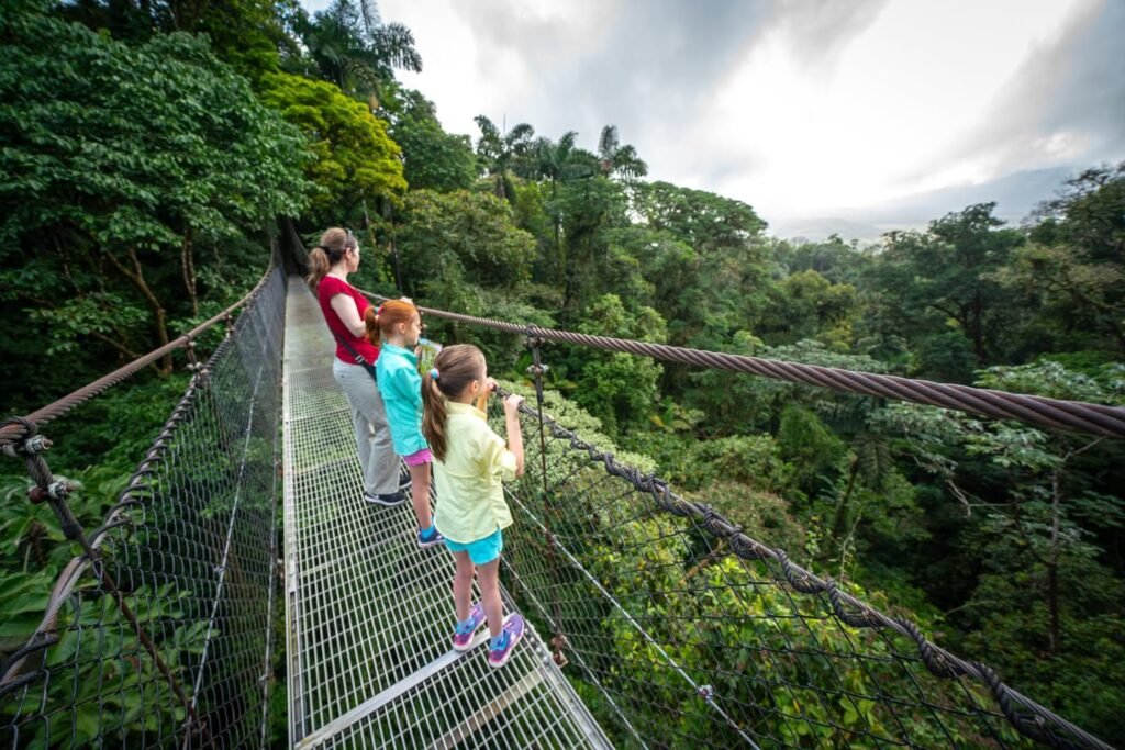 Children standing on a zipline platform in a lush tropical forest under an overcast sky.
