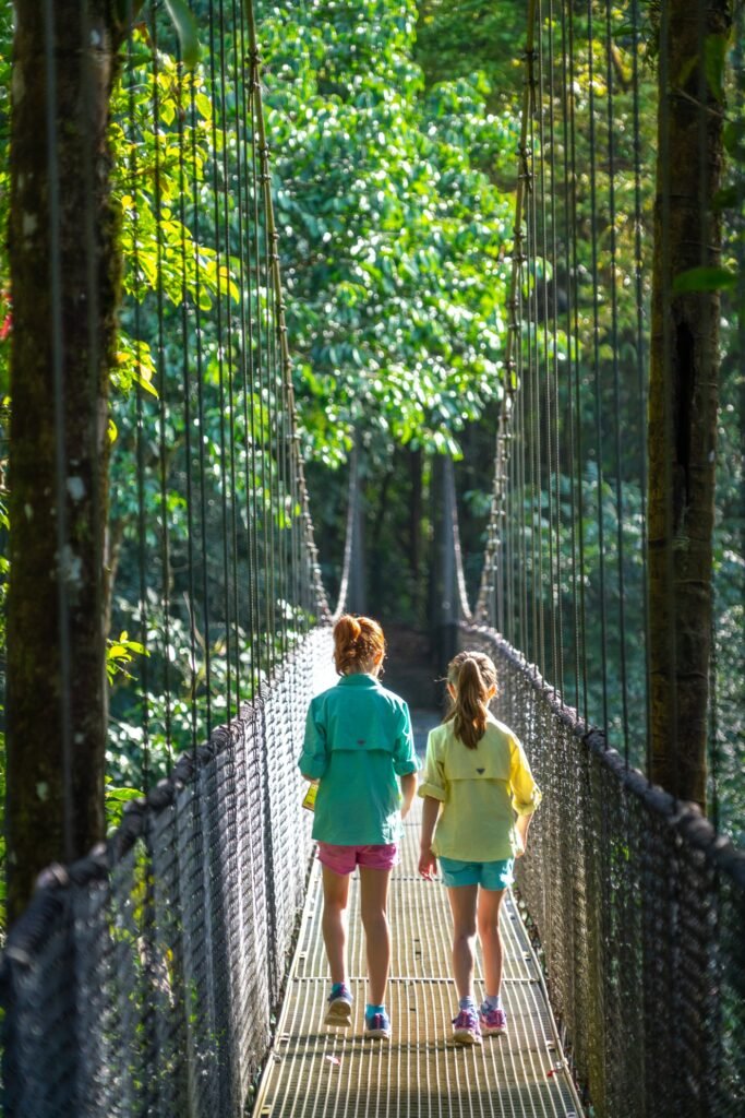 Two people walking across a suspension bridge in a lush green forest setting.