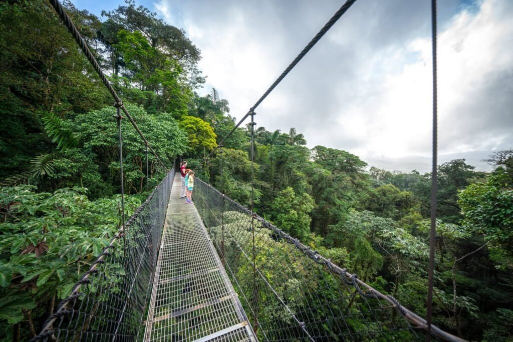 A long suspended bridge traverses a dense tropical forest with a cloudy sky overhead.