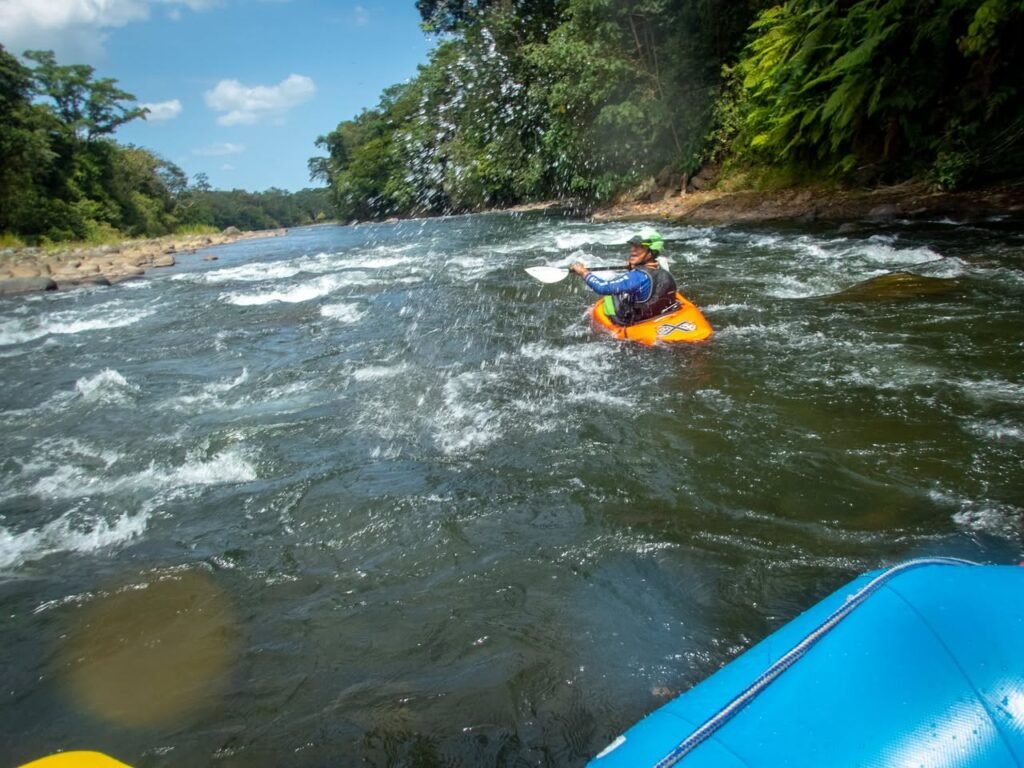 A paddler navigates a fast-moving river with whiteewater rapids, flanked by dense greenery.