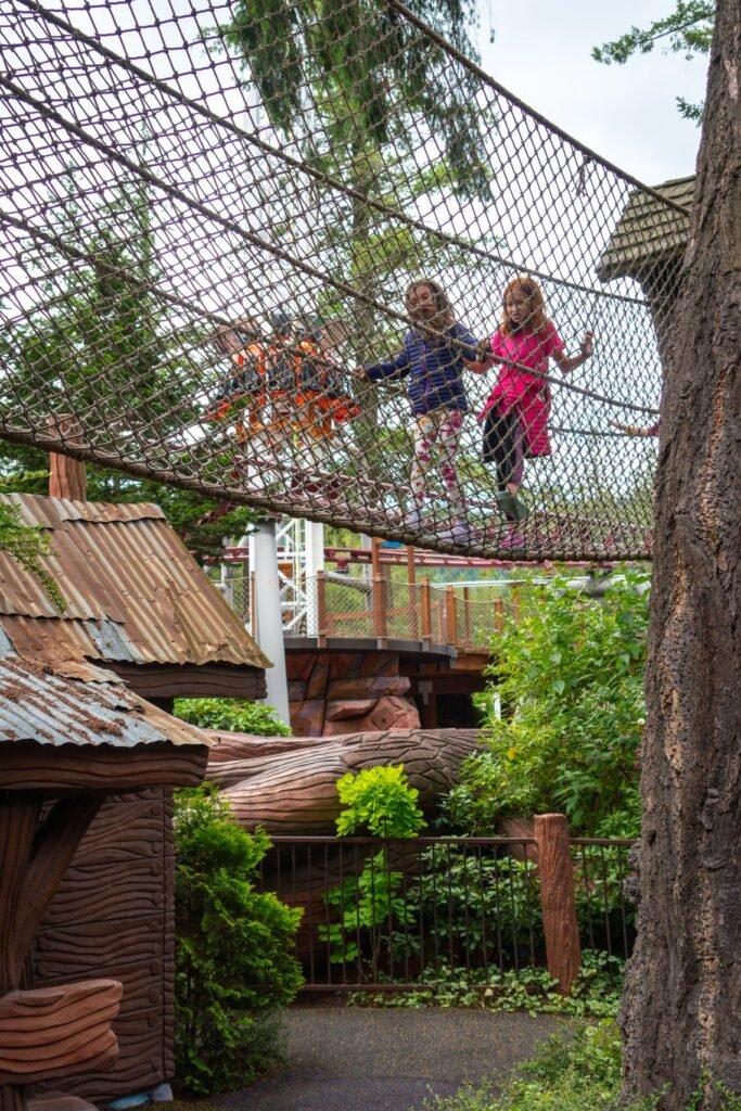 Children walking across a net bridge in a lush, natural play area.