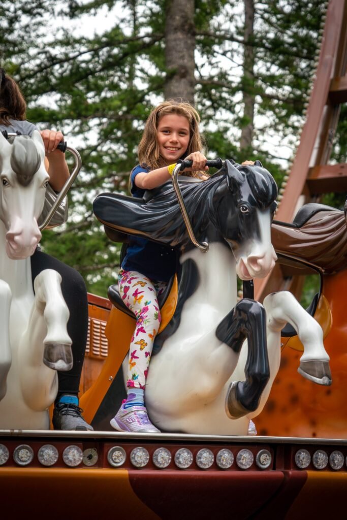 A close-up view of a smiling child enjoying a ride on a black and white carousel horse. In the background, blurred green trees and wooden fence elements are visible, adding to the playful atmosphere.