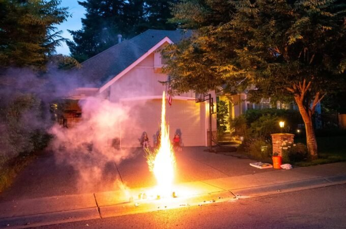 A bright firework shoots up from a street in front of houses at dusk. Smoke fills the air around the celebration.