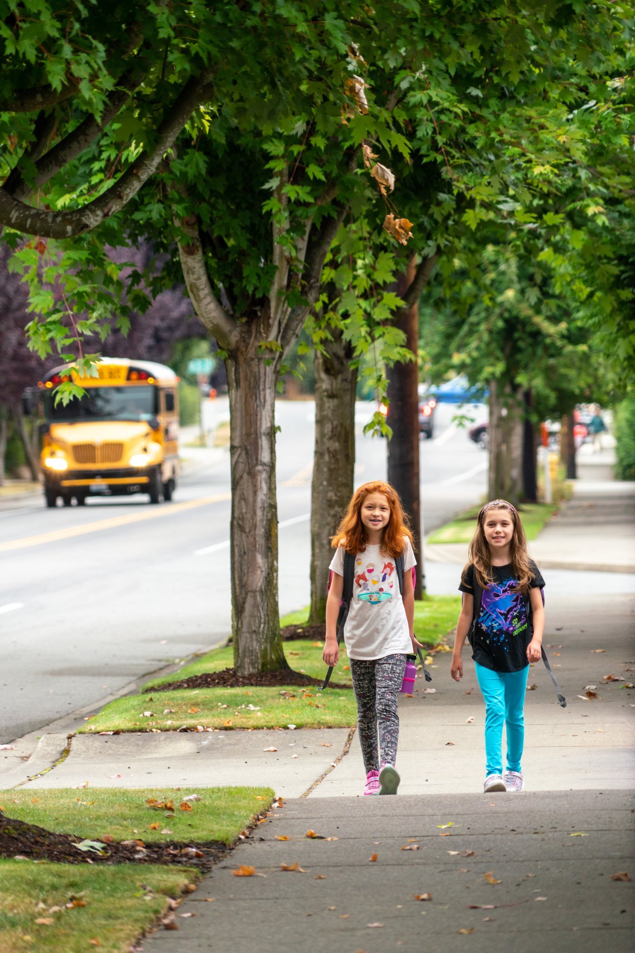 3rd Grade Two students walking down a wide sidewalk lined with mature trees, with a yellow school bus driving on the street behind them.