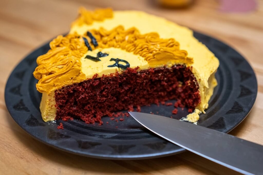A slice of dark red devil's food cake topped with golden icing, served on a black plate with a knife.