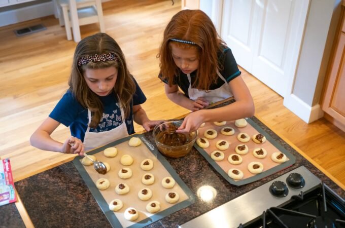 Two children wearing aprons filling cookie dough on baking sheets.