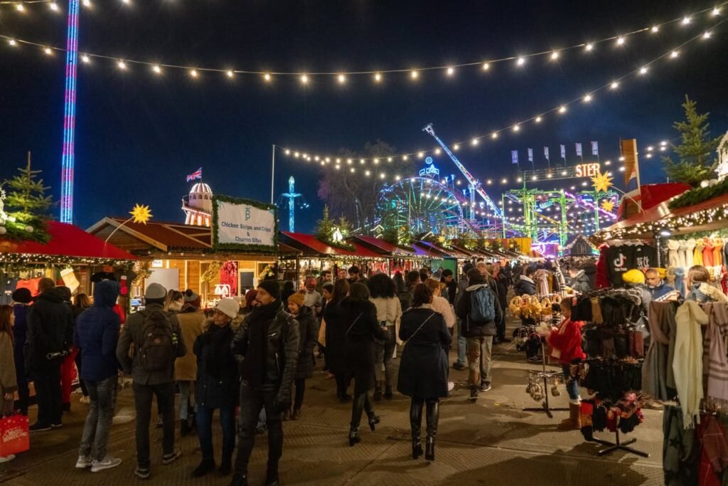 A collage of photos showing a bustling Christmas festival at night with string lights and crowds.