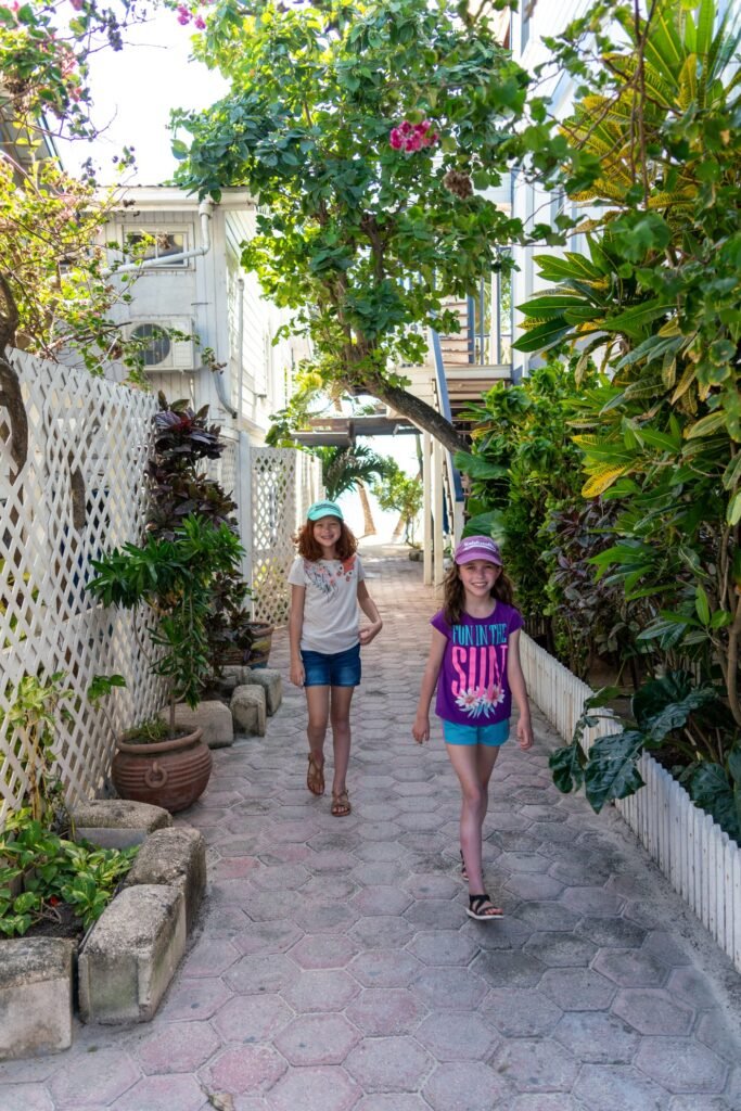 People stroll through narrow garden paths lined with white lattice fences, potted plants, and abundant tropical greenery in a relaxed outdoor setting.