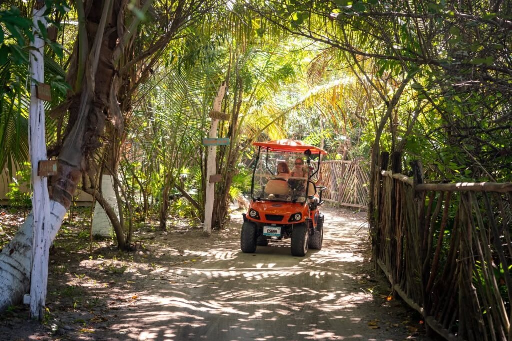 An orange utility cart navigates a sandy path through tropical foliage near a bamboo fence.