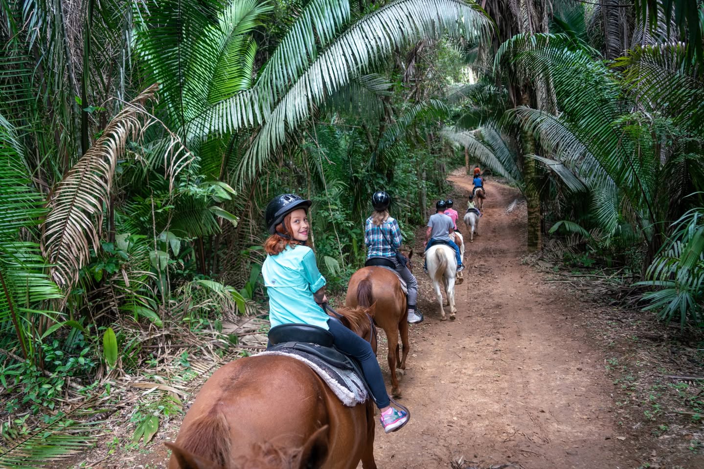 A group rides horses along a dirt trail surrounded by dense palm and fern vegetation.