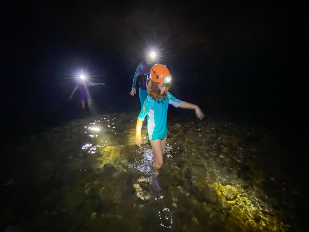 Exploring nature by flashlight in a dark, rocky environment