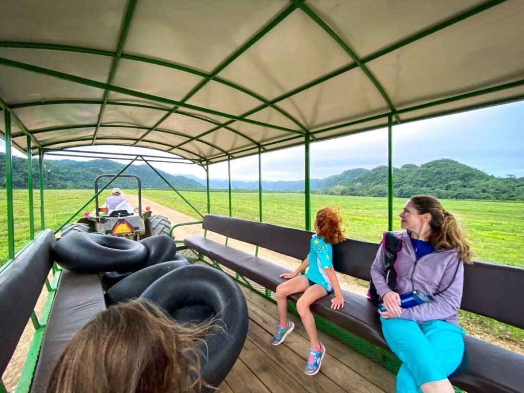 A view from a parked zip line platform overlooking a lush, rolling landscape under a green and white canopy.