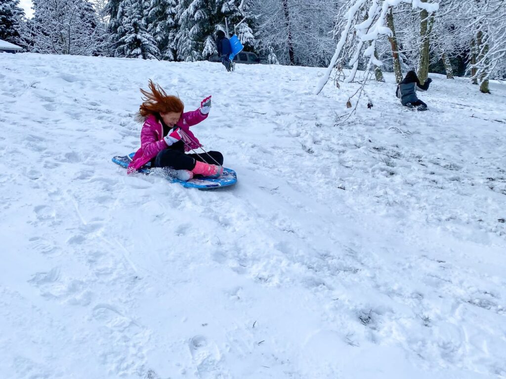 A person enjoying a sledding session on a snowy hill surrounded by snow-covered trees.