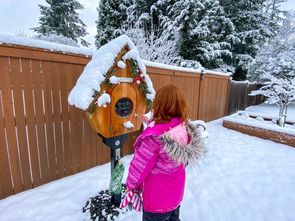A young child in a pink jacket holds a decorative wreath on a bird feeder during a snowy day. The background features a wooden fence and evergreen trees dusted with fresh snow.