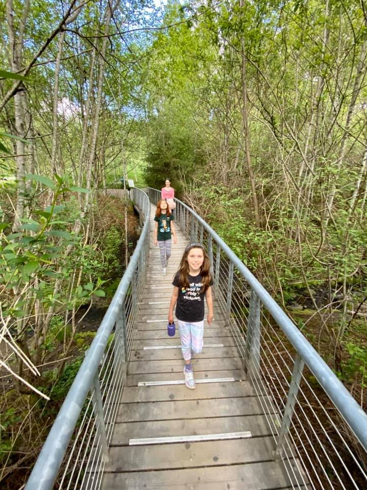 Walking on a wooden boardwalk surrounded by dense forest.
