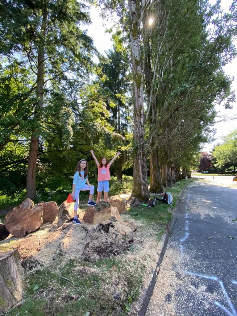 Two children play on large rocks beside a gravel trail in a lush forest setting, captured in the Pacific Northwest.
