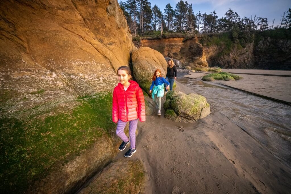 People walking along a sandstone trail surrounded by rugged coastal landscapes and evergreen trees.