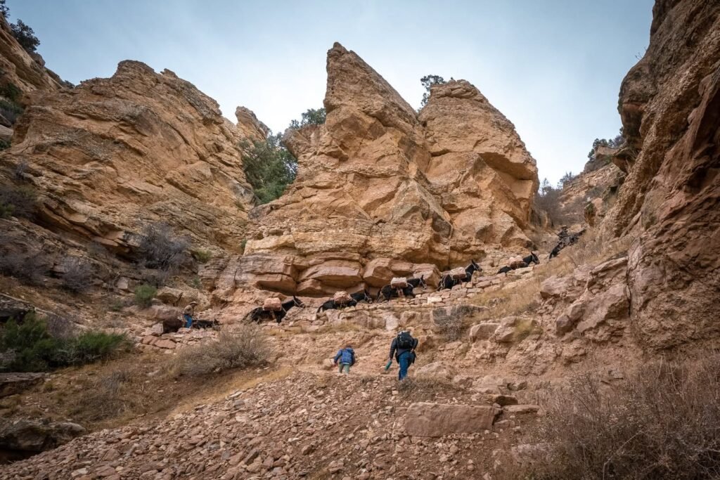 Two people hiking along a trail beneath towering sandstone cliffs.