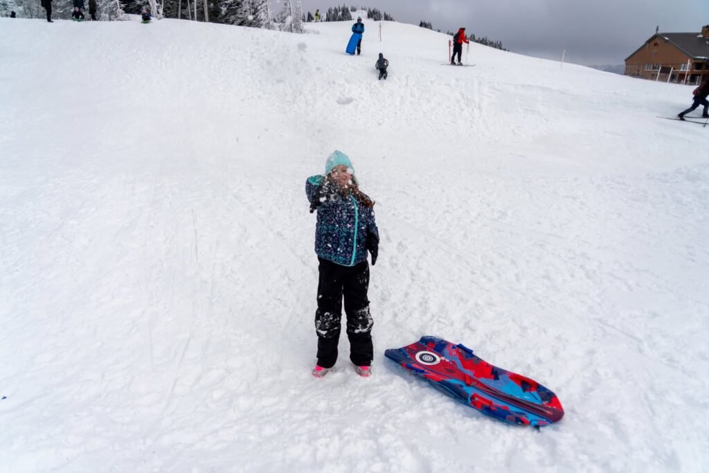 A person stands with a colorful sled on a snowy hill with others sledding in the background. Capturing a winter outdoor fun moment.