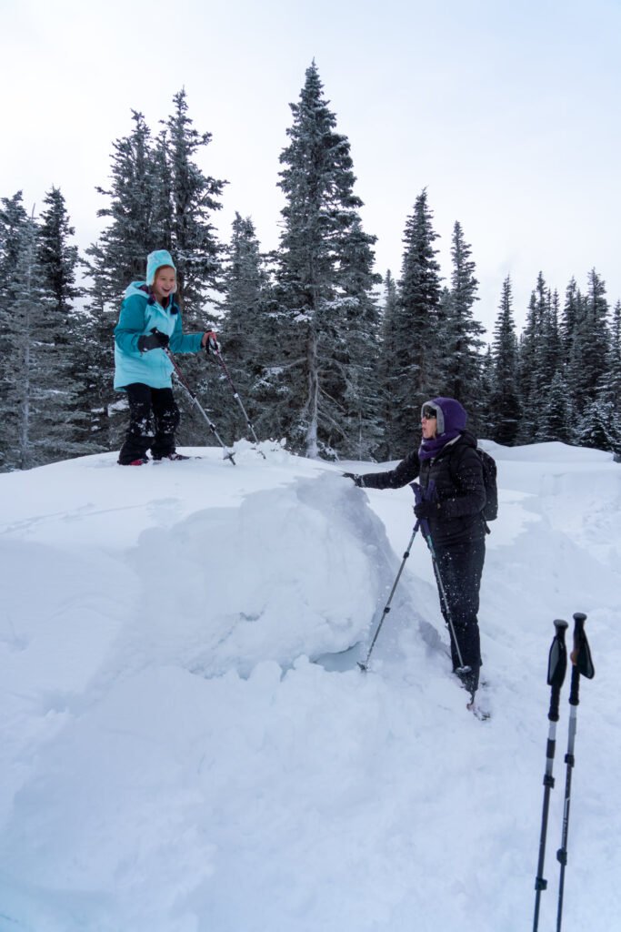 Two people with ski poles on a snowy ridge surrounded by evergreen trees. A pair of ski poles is planted in the snow in the foreground.