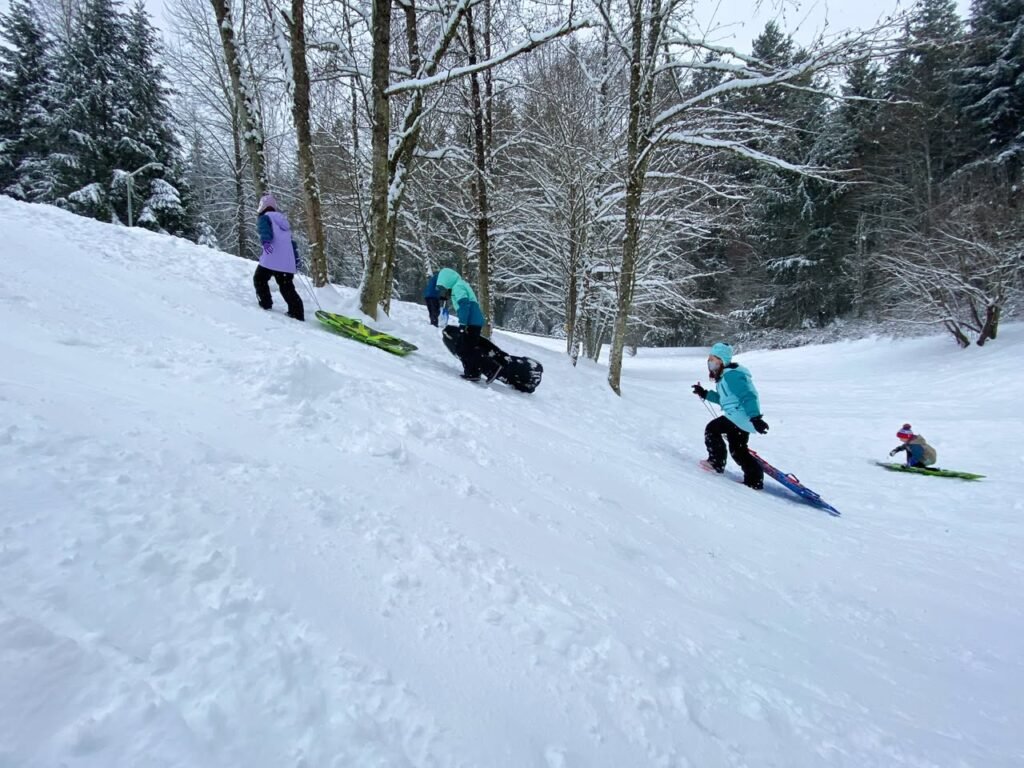 Group enjoying a winter day, sledding down a snow-covered slope in the woods.