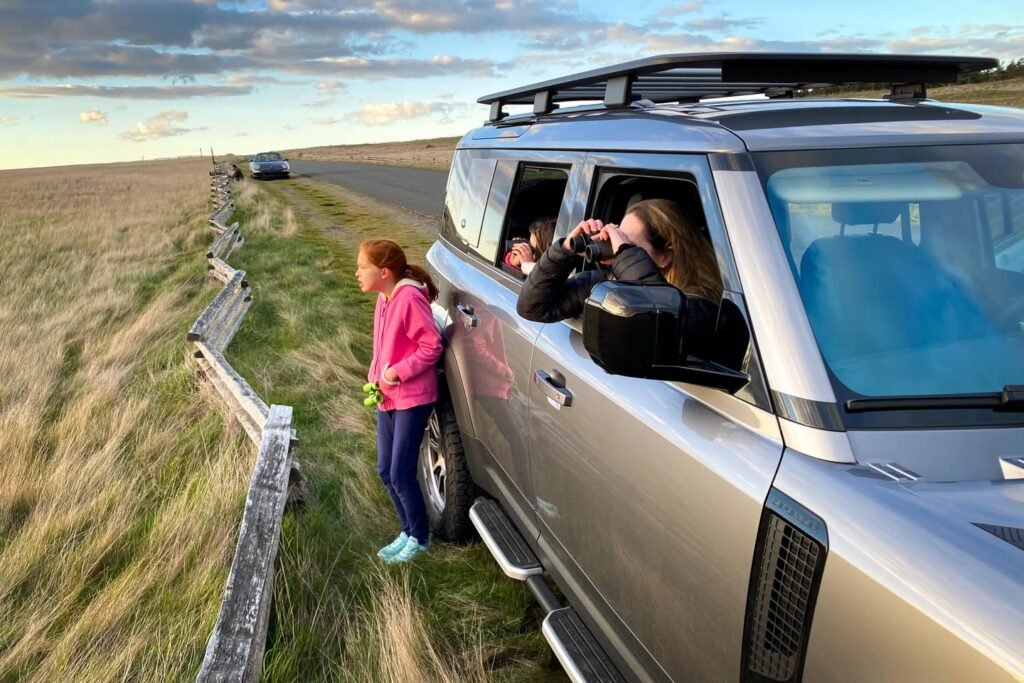 A traveler takes in the view beside a vehicle on a scenic road.