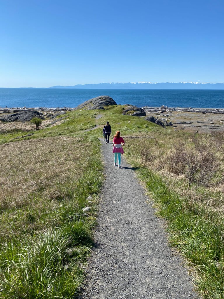 A gravel walking path winds through grassy coastal terrain leading to the ocean. The scene captures nature's beauty in the Pacific Northwest.