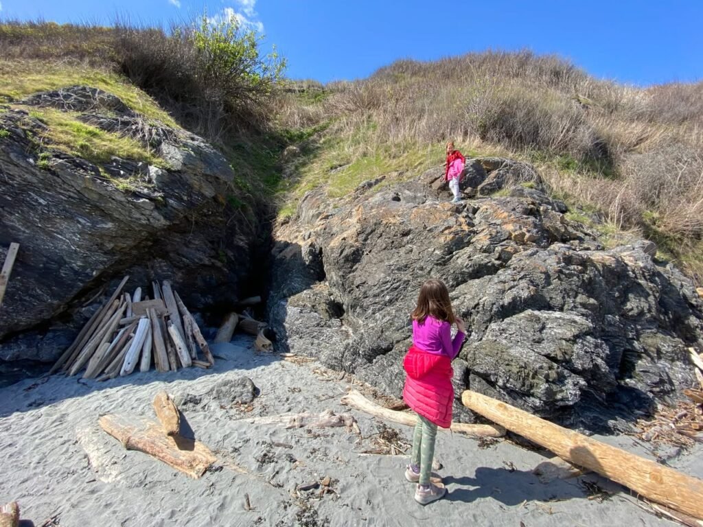 A person in a bright pink coat stands on a rocky beach beneath steep, grassy cliffs under a clear blue sky.