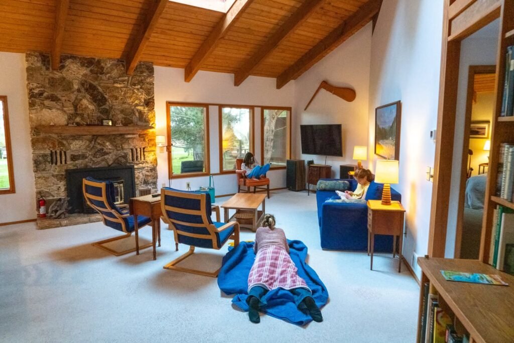 Cozy Living Room with Rustic Stone Fireplace
