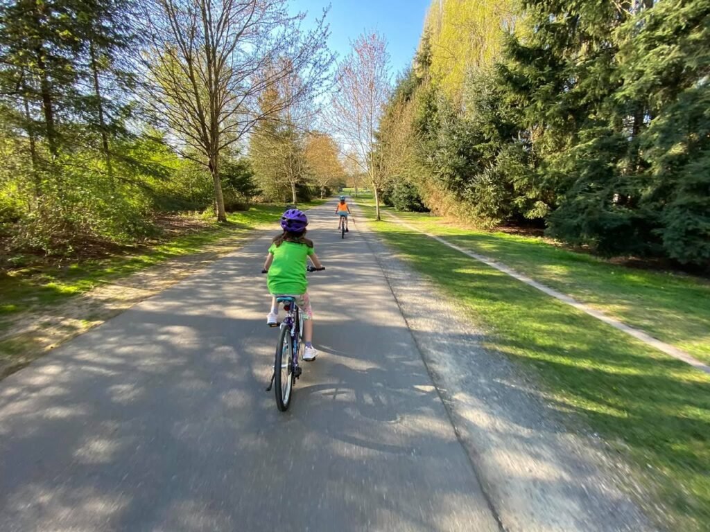 Bicycling on a tree-lined path in the Pacific Northwest on a sunny day.