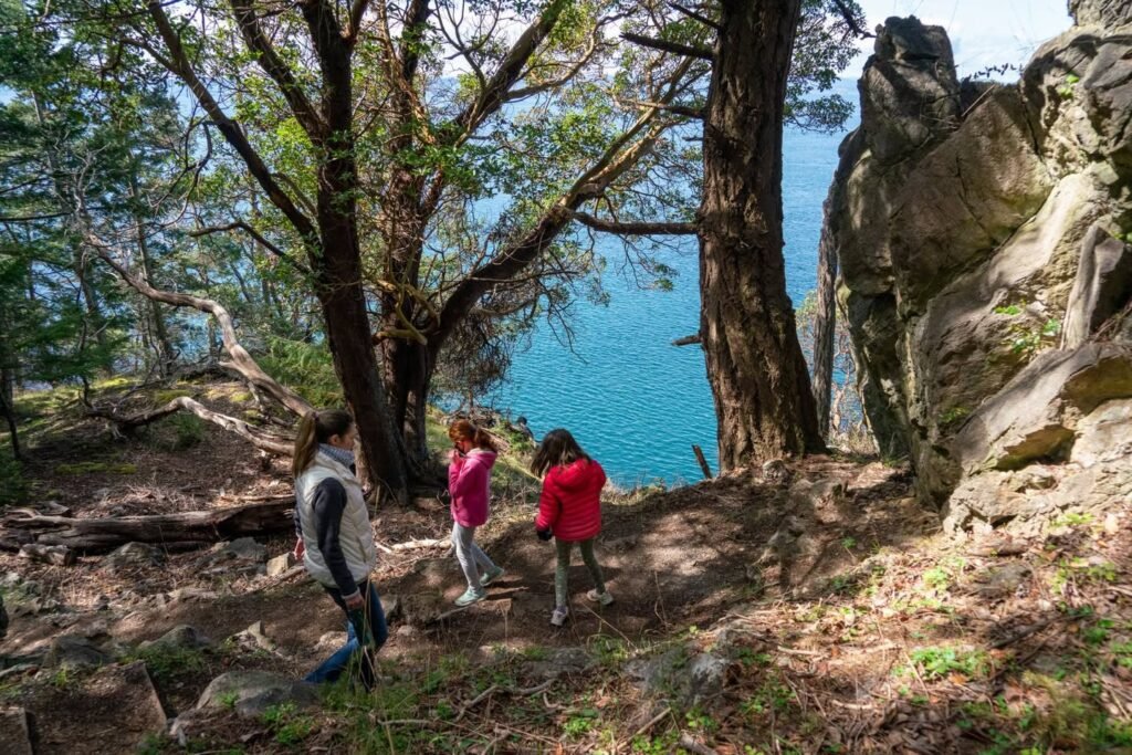 People hike on a rocky trail surrounded by trees, with a view of a cliff and a vibrant blue lake in the distance.