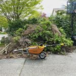 An orange wheelbarrow-style yard waste wagon with a shredder attachment sits in front of a large pile of fresh green branches.