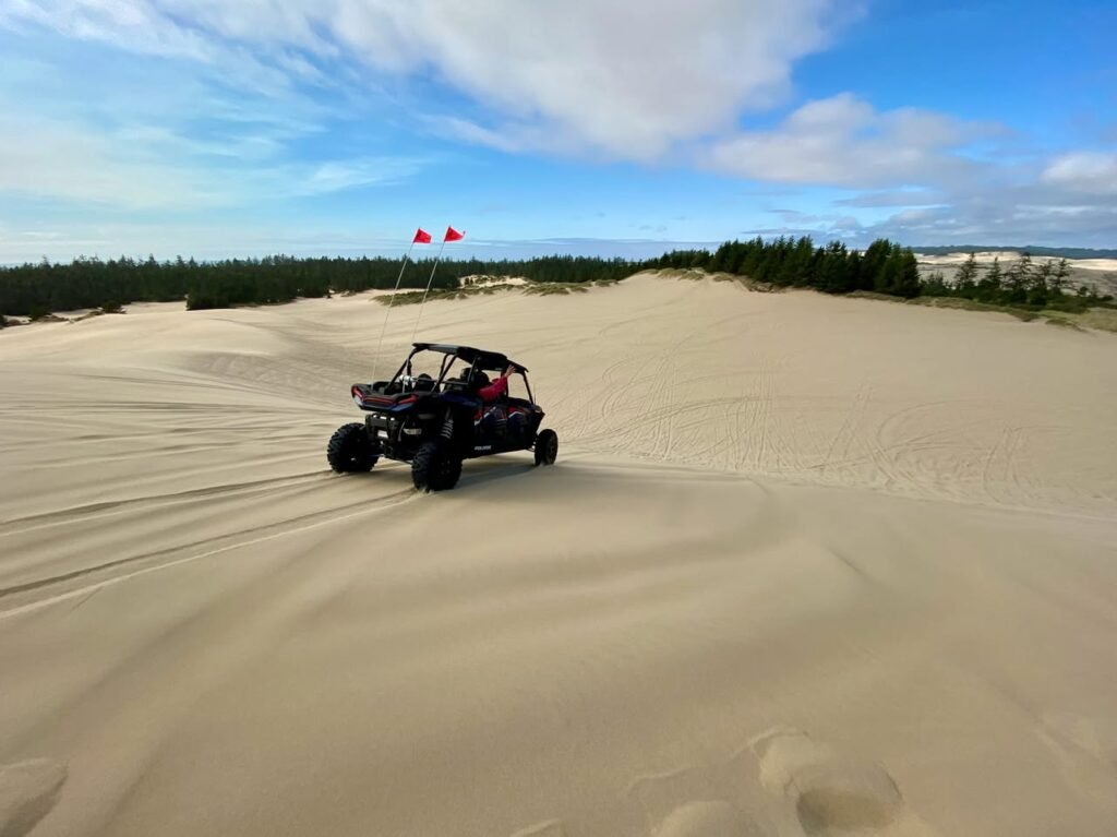 An off-road vehicle rides over large sand dunes with a line of trees in the background. The sky is bright blue with wispy clouds.