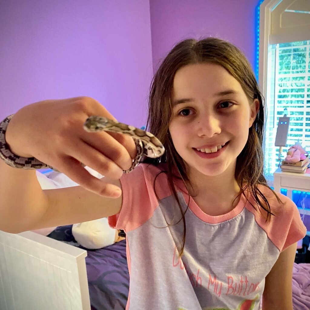 A smiling young girl holds a small kitten in a bedroom with purple ambient LED lighting. She is wearing a pink and gray raglan t-shirt.