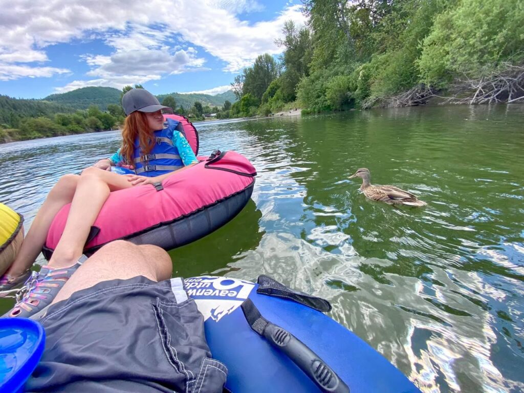 People relaxing on colorful inflatable boats on a calm river with a duck swimming nearby, set against a backdrop of lush green hills.