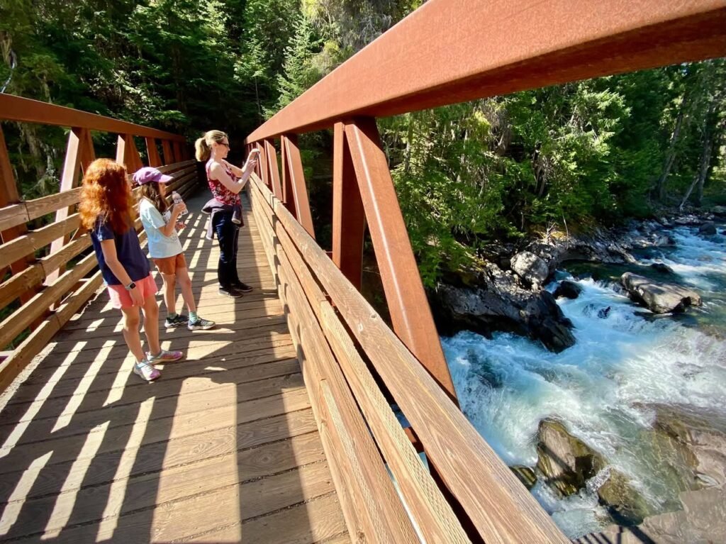 A view of people on a wooden bridge looking out over a flowing river in the Pacific Northwest.