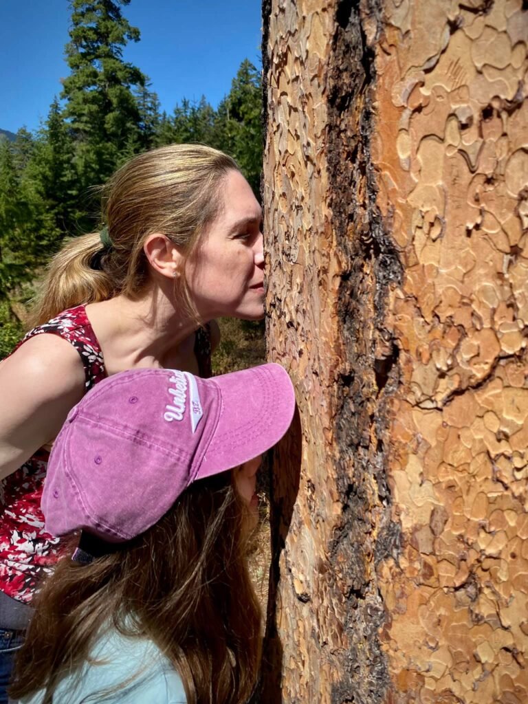 A woman and a child wearing a pink hat embrace a massive tree trunk in a Pacific Northwest forest.