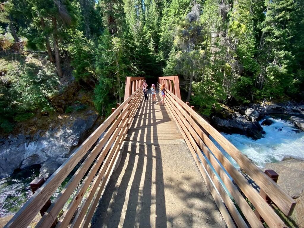A wooden pedestrian footbridge spanning a rushing river in a North Cascades forest, with hikers crossing and dense evergreen trees surrounding the scene.
