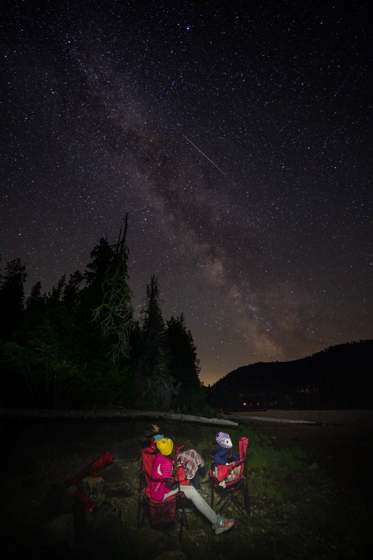 The Milky Way arches over a nighttime camping scene with people seated in a clearing.