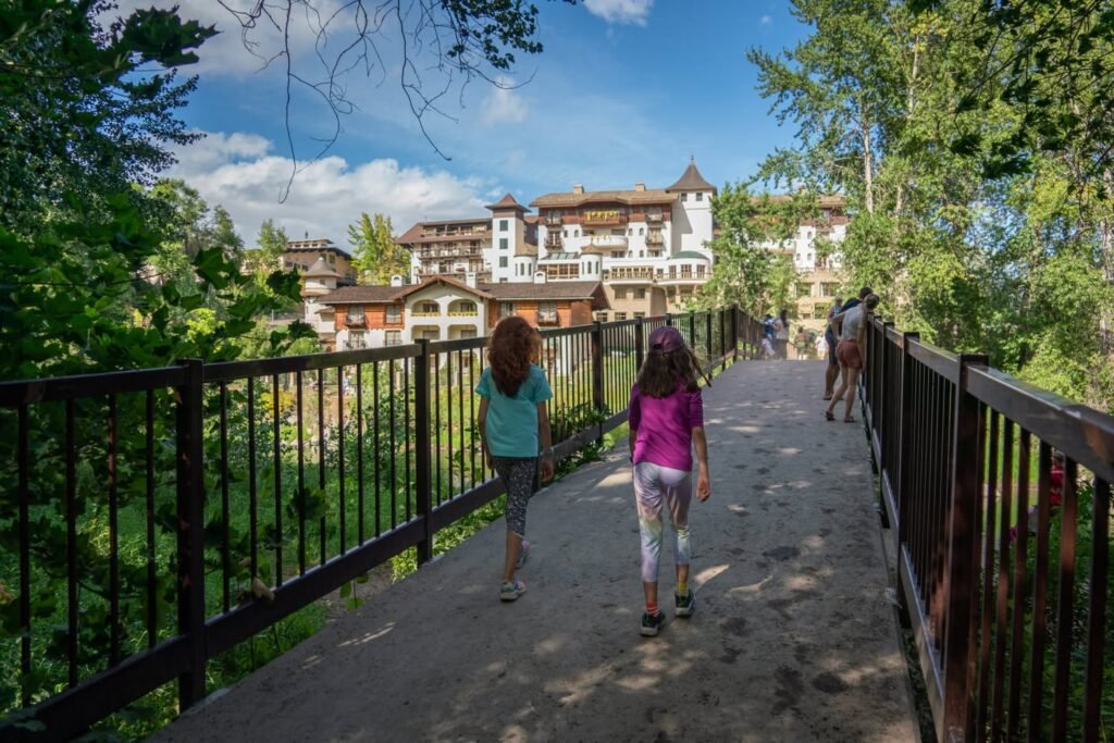 A scenic view of a resort lodge perched on a hillside, with a bridge in the foreground. Lush pine trees frame the pathway leading to the building under a bright blue sky.