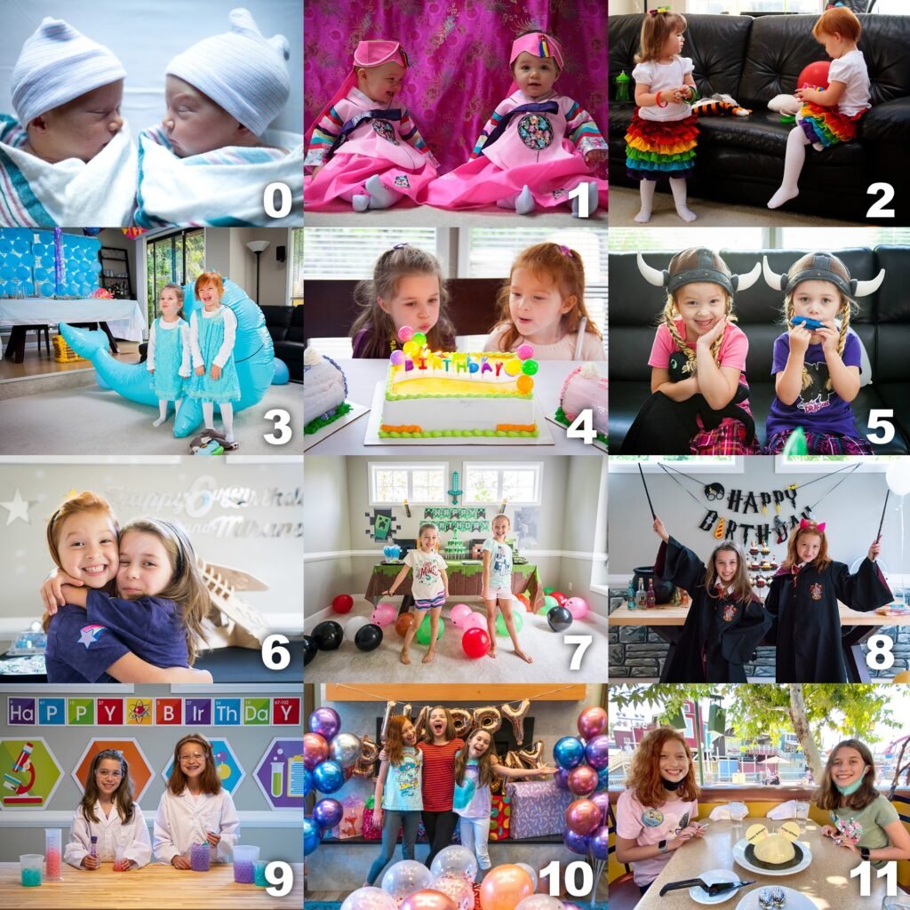A collage of photos showing a family of twins and triplets growing up through various milestones and celebrations.