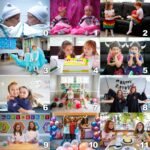 A collage of photos showing a family of twins and triplets growing up through various milestones and celebrations.