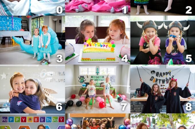 A collage of photos showing a family of twins and triplets growing up through various milestones and celebrations.