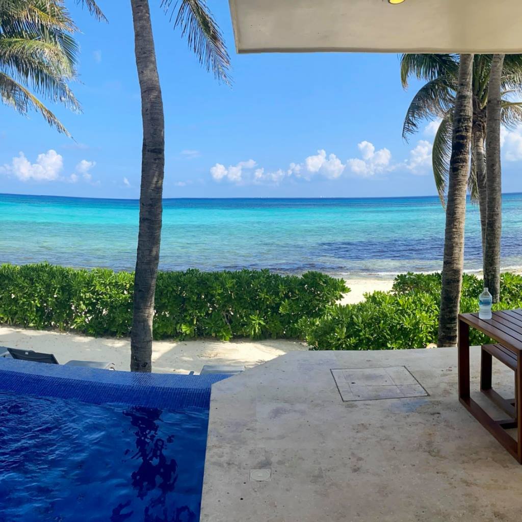 A luxurious outdoor pool deck overlooking the turquoise ocean, framed by tall palm trees and a clear blue sky.