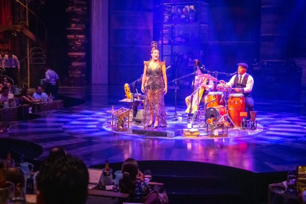 A performer shines under blue stage lights next to a musician. The audience watches the live show from tables below.